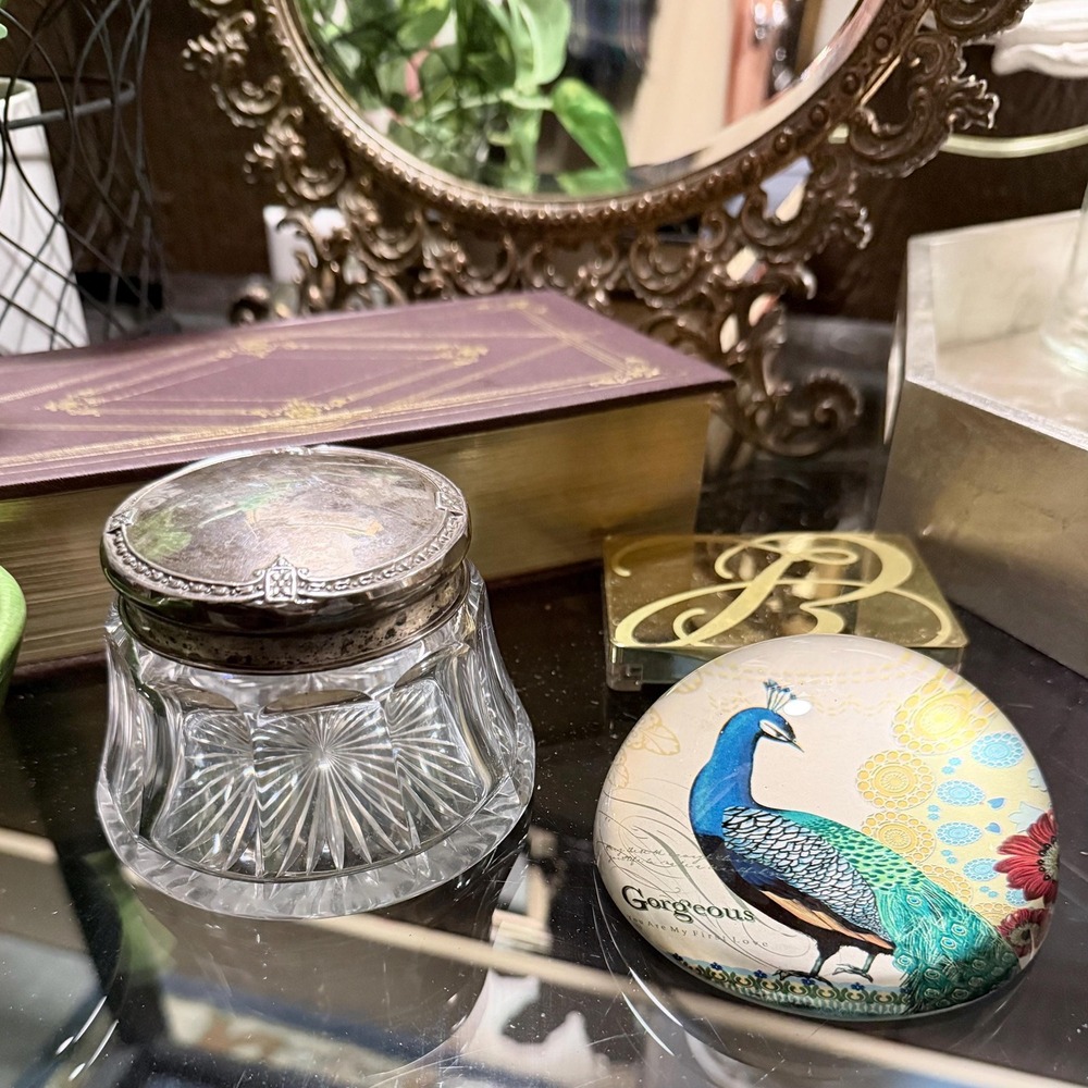Antique Edwardian Cut Crystal Powder Jar | Sterling Silver Lid Vanity Decor